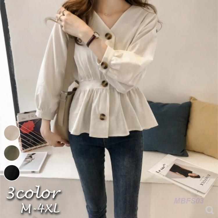 【5と0のつく日限定！1着半額！まとめ買い2枚購入割引クーポン利用で！ 】ブラウス 長袖 レディース 前ボタン トップス Vネック 無地 単色 ギャザー ウエストマーク 大きいサイズ有 おしゃれ かわいい シンプル オフィスのサムネイル
