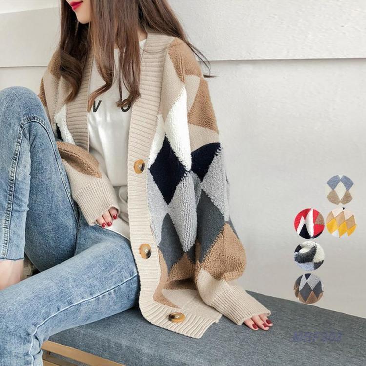 【5と0のつく日限定!1着半額!まとめ買い2枚購入割引クーポン利用で! 】配色 ニットカーディガン レディース アーガイル柄 ニットアウター 長袖カーデ ゆった...