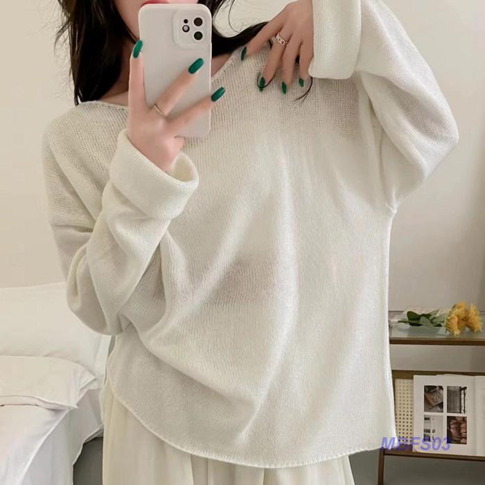 【5と0のつく日限定！1着半額！まとめ買い2枚購入割引クーポン利用で！ 】ボリューム袖透かし編みニット レディース ラウンドネック トップス セーター 長袖 ゆったり プルオーバー 薄手 通気性 ざっくり 透け感