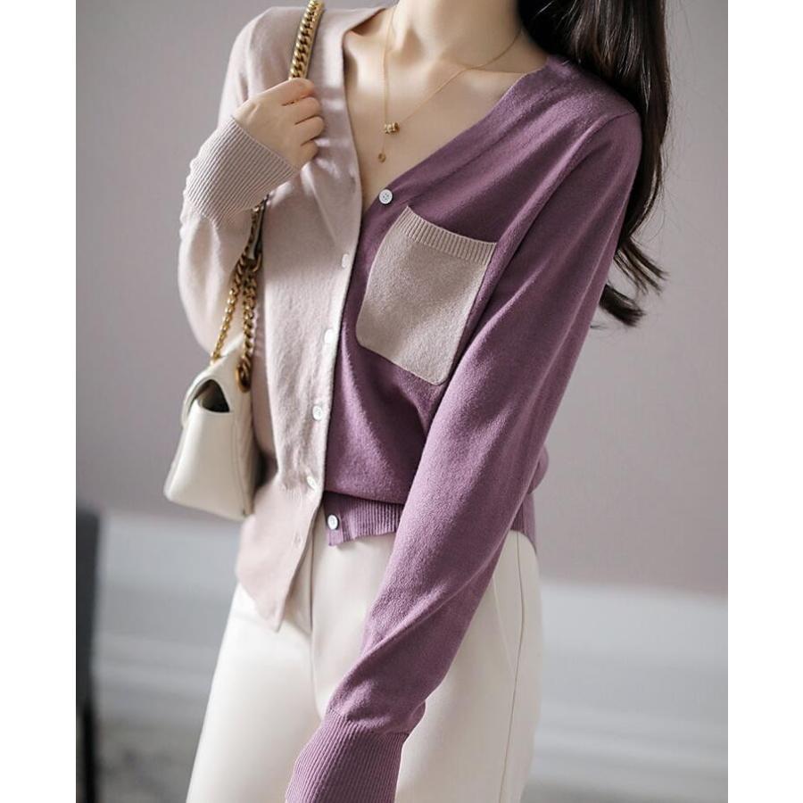 コットン ニットカーディガン ニット セーター レディース 長袖 秋 ニットセーター バイカラー ソフト ゆったり オフィス 春秋 Vネック