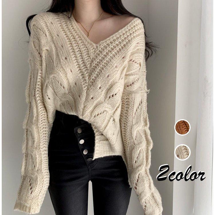 ◆商品コード：tx-cn-129 ◆カラー：ベージュ ブラウン 【素材】：ポリエステル、アクリル 【サイズ】：（約） 【F】バスト/58 着丈/53-60 (cm) 【連携キーワード】：ニットセーター レディース 秋冬 40代 長袖トップス Vネックニットトップス 無地 ケーブル編み ニットソー ショット丈ゆったりプルオーバー オシャレ 韓国風