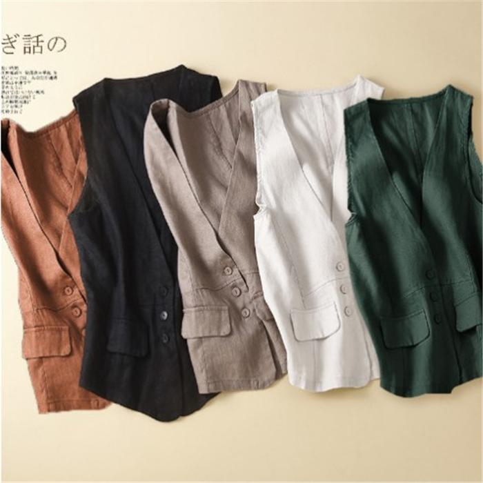 【5と0のつく日限定！1着半額！まとめ買い2枚購入割引クーポン利用で！ 】ベスト レディース 前開き リネンベスト シンプル ギャザー ショート丈 vネック ナチュラル 麻ベスト リネンジレ ジレベスト 可愛い 春 無地 レイヤード風 大人