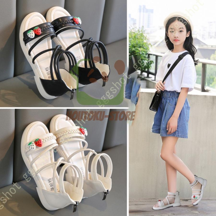 【ブラックフライデー限定！1着半額！まとめ買い2枚購入割引クーポン利用で！ 】サンダル キッズ 女の子 シューズ サイドジッパー おしゃれ 子供 靴 通園 通学履き 滑り止め 柔らか いちご飾り ガールズシューズ 可愛い 本革 レザー