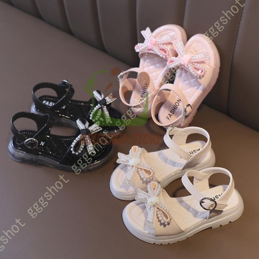 【期間限定！1着半額！まとめ買い2枚購入割引クーポン利用で！ 】キッズ サンダル 女の子 子供靴 ガールズ フォーマル シューズ ジュニア ピアノ発表会 靴 結婚式 子ども靴 リボン付き フォーマル パール ラインストーン