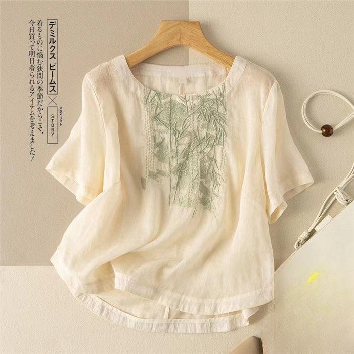 【5と0のつく日限定!1着半額!まとめ買い2枚購入割引クーポン利用で! 】シャツブラウス シャツ レディース 半袖 40代 きれい 春夏 ブラウス トップス Tシャツ 夏 刺繍 綿麻 リネン風 着心地 花柄 おしゃれ 夏 シンプル 通気性