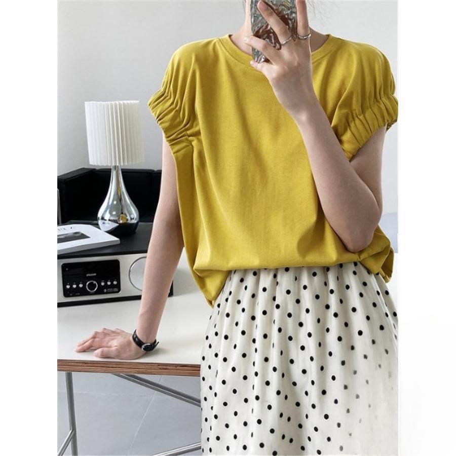 【お買い物マラソン！ポイント5倍 1着半額！まとめ買い2枚購入割引クーポン利用で！ 】Tシャツ レディース 半袖 フレンチスリーブ ギャザー ボリューム袖 黄色 イー フレンチ ゴム 袖ゴム 白 お洒落 韓国 シンプル プルオーバー ゆったり