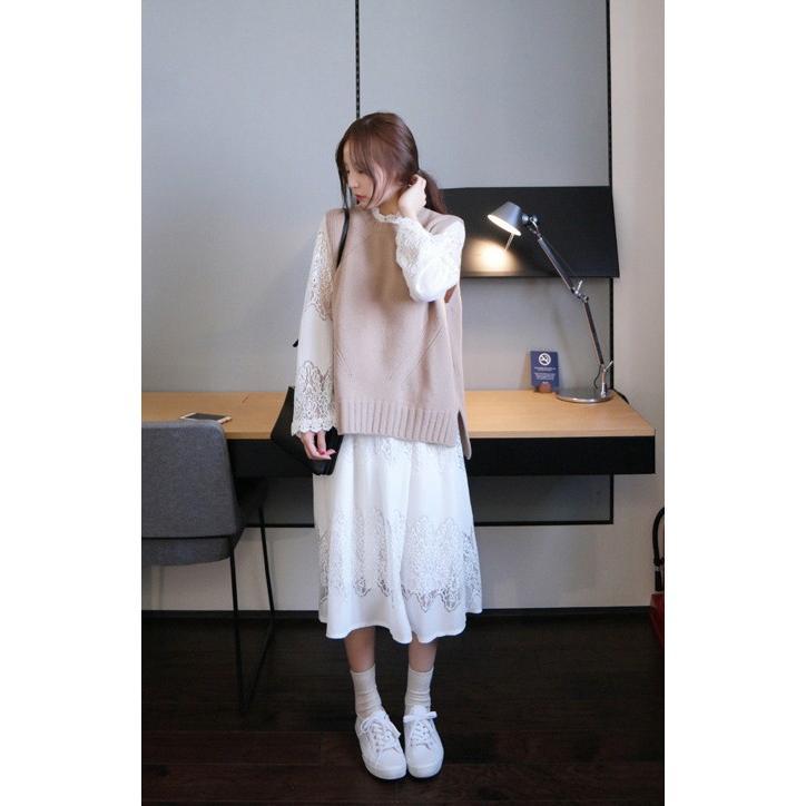 ワンピース チュニック ロング丈 マキシ丈 長袖 花柄 フラワー ガーリー Aライン ロング ラウンドネック マキシ ミモレ丈 レース柄 ベスト付き
