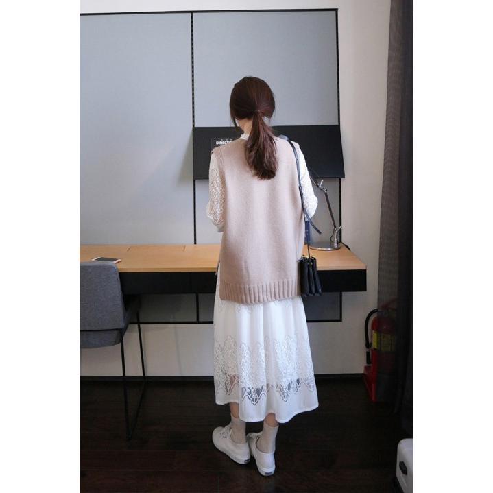 ワンピース チュニック ロング丈 マキシ丈 長袖 花柄 フラワー ガーリー Aライン ロング ラウンドネック マキシ ミモレ丈 レース柄 ベスト付き