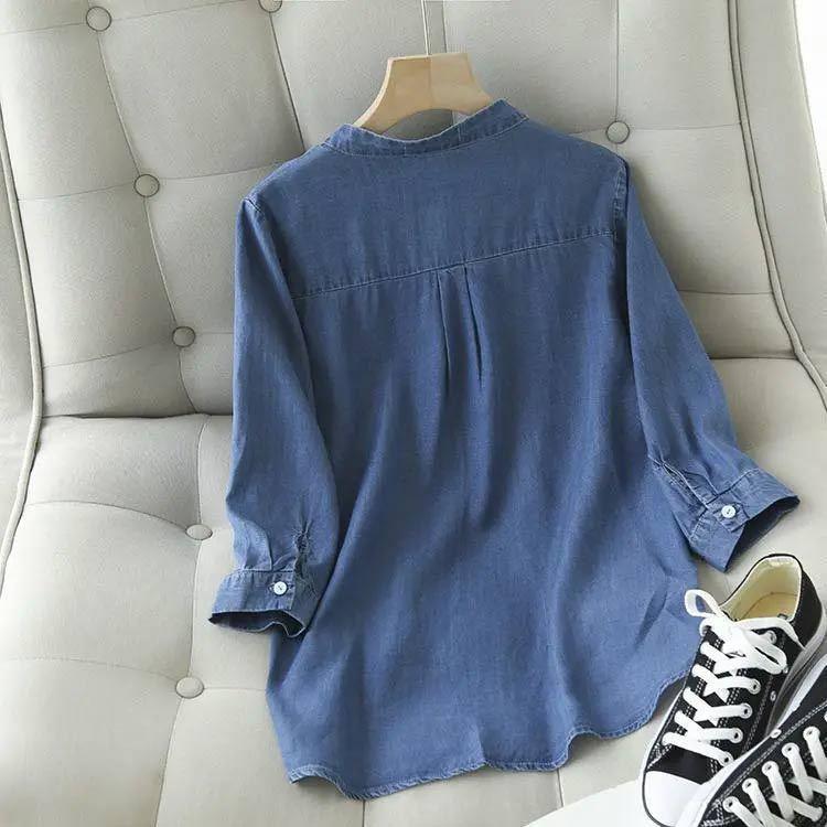 シャツ 夏 デニム 七分袖 レディース デニムシャツ スキッパーシャツ チュニック 長袖 シルエットシャツ スタンドカラー ラウンドテール Vネック