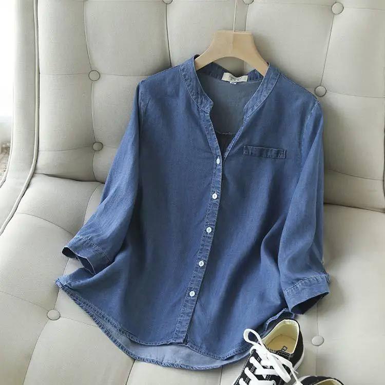シャツ 夏 デニム 七分袖 レディース デニムシャツ スキッパーシャツ チュニック 長袖 シルエットシャツ スタンドカラー ラウンドテール Vネック