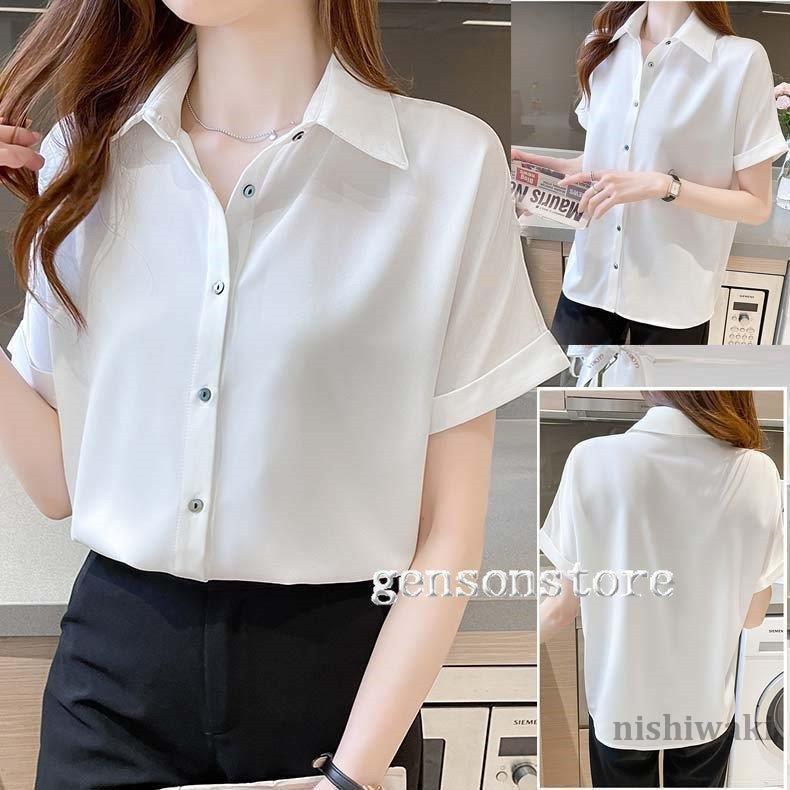 【5と0のつく日限定！1着半額！まとめ買い2枚購入割引クーポン利用で！ 】女性シフォンブラウス 夏 トップス おしゃれ 襟付き シャツブラウス 半袖 新作 レディース ゆったり ホワイトシャツ スーツ インナー オフィスのサムネイル