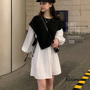 シャツワンピース レディース レイヤード風 おしゃれ 長袖ワンピース 白 アシンメトリー チュニックワンピ きれいめ