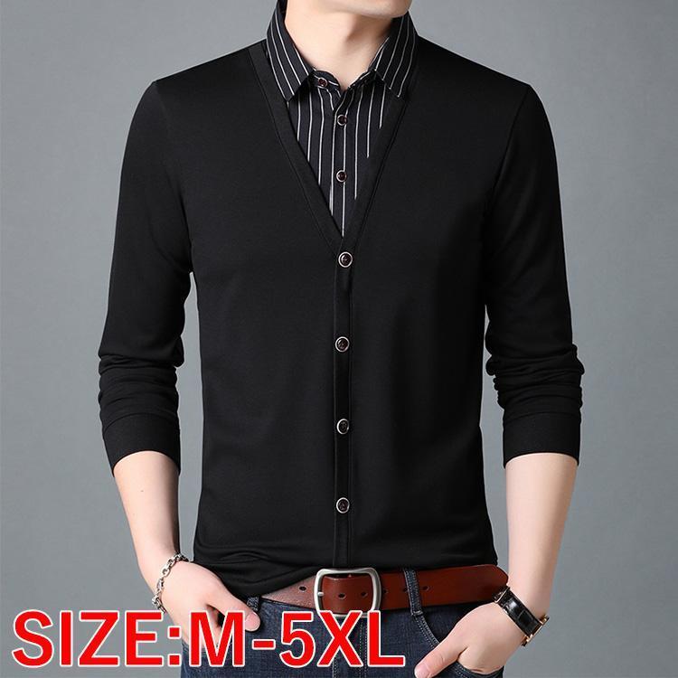 【5と0のつく日限定！1着半額！まとめ買い2枚購入割引クーポン利用で！ 】メンズ 長袖 重ね着風 シャツ カジュアル ス 折り襟 ストライプ 欧米風 フェイクレイヤード ファション ビジネス オススメ 大きいサイズ