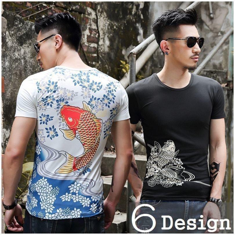 Shirts, T-Shirts - 【ポイント最大12倍!お買い物マラソン！1着半額！まとめ買い2枚購入割引クーポン利用で！ 】メンズ Tシャツ 半袖 ラウンドネック クルーネック 和柄 和風柄 中華風 カットソー トップス スリム タイト ぴったりめ 鯉 コイ 虎 トラ 竜