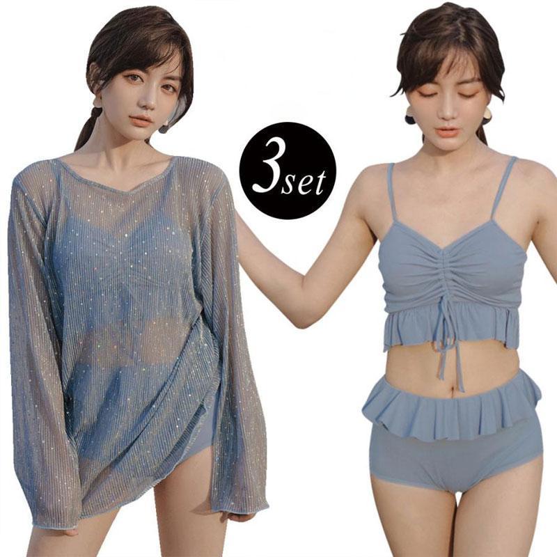 【Fashion THE SALE限定!10%OFF!期間限定!】水着 レディース 体型カバー 3点セット ビスチェビキニ フリル 長袖シースルーレースス ママ 20代 30代 40代