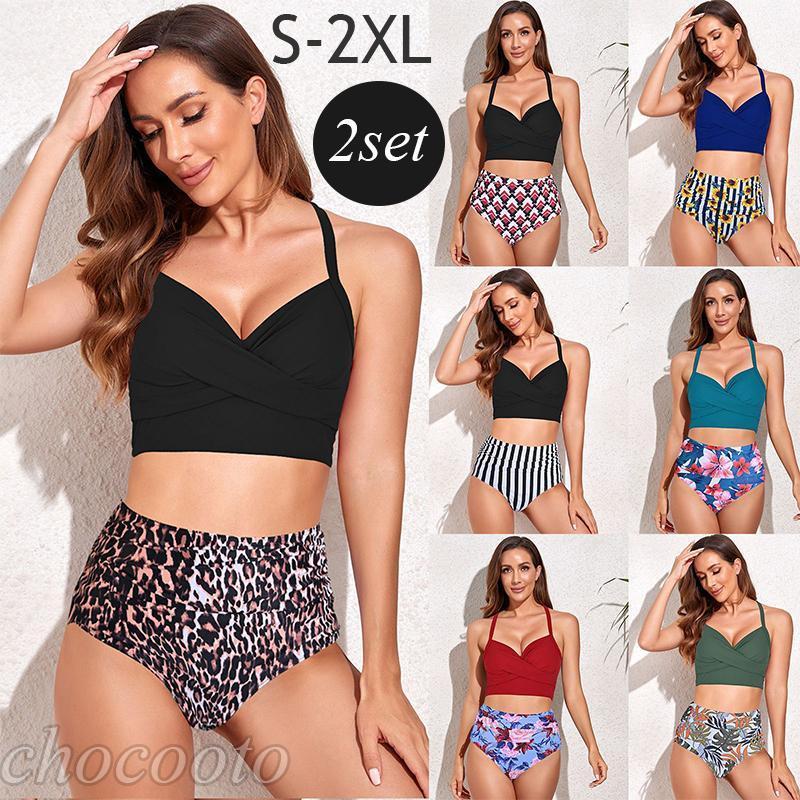 【ポイント5倍!お買い物マラソン限定！1着半額！まとめ買い2枚購入割引クーポン利用で！ 】水着レディースビキニ ホルターネックワイヤービキニ オトナ女子 バスト 盛れる 可愛い ハイウエスト体型カバー カシュクールクロスデザイン露出控えめ