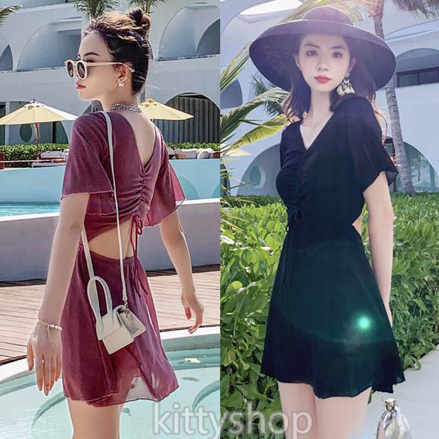 【お買い物マラソン限定！1着半額！まとめ買い2枚購入割引クーポン利用で！ 】ワンピース水着 レディース ブラック 20代 黒 水着 体型カバー 30代 スイムウェア 赤 水着 背開き ワンピース水着 Vネック 半袖 ピンク