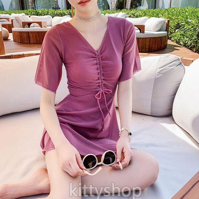 【お買い物マラソン限定！1着半額！まとめ買い2枚購入割引クーポン利用で！ 】ワンピース水着 レディース ブラック 20代 黒 水着 体型カバー 30代 スイムウェア 赤 水着 背開き ワンピース水着 Vネック 半袖 ピンク