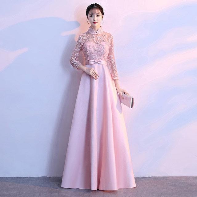 【限定販売 1着半額！まとめ買い2枚購入割引クーポン利用で！ 】ピンク 刺繍 レース ハイネック イブニングドレス ロングAライン フォーマル ワンピース 二次会 演奏会 披露宴 結婚式 発表会 パーティードレス