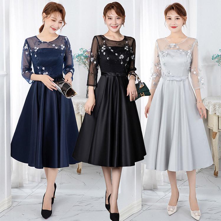 【お買い物マラソン！1着半額！まとめ買い2枚購入割引クーポン利用で！ 】パーティードレス 黒 サテンドレス 刺繍 キレイめ 30代 40代 結婚式ドレス ミモレ丈 ネイビー 紺色 お呼ばれドレス 二次会ドレス Aライン