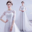 【5と0のつく日限定!1着半額!まとめ買い2枚購入割引クーポン利用で! 】ウェディングドレス 袖あり 5分袖 トレーン エンパイアドレス 結婚式ドレス レース チュール パール エレガント ホワイトドレス 花嫁 ブライダル