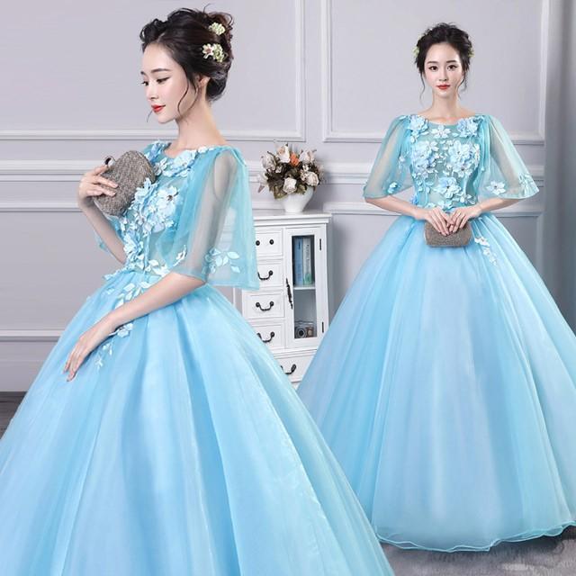 【5と0のつく日限定！1着半額！まとめ買い2枚購入割引クーポン利用で！ 】ロングドレス ブルー袖あり ..