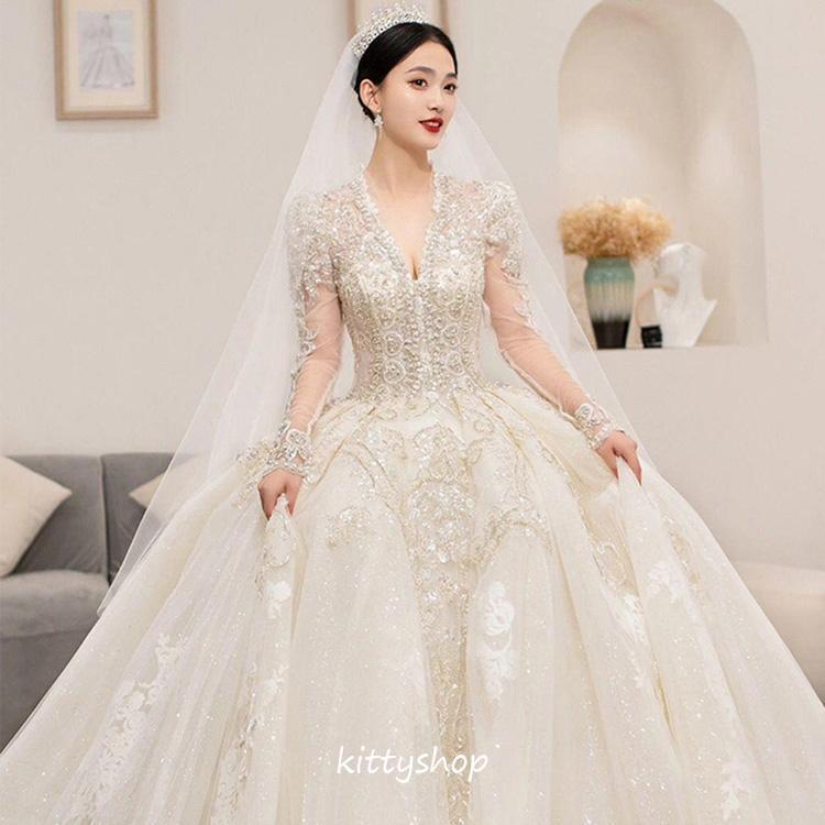 【5と0のつく日限定！1着半額！まとめ買い2枚購入割引クーポン利用で！ 】ウェディングドレス 長袖 ウ..