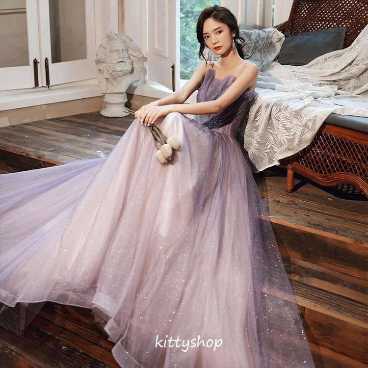 【ブラックフライデー限定！1着半額！まとめ買い2枚購入割引クーポン利用で！ 】イブニングドレス パープル ドレス チュール パーティードレス オフショルダー ロング丈ドレス ノースリーブ 高級感 二次会ドレス お呼ばれドレス