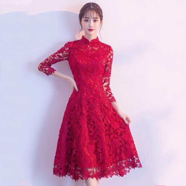 乐天商城 - 【ポイント最大9倍!お買い物マラソン！1着半額!まとめ買い2枚購入割引クーポン利用で！ 】チャイナドレス 結婚式 ワイン赤 パーティードレス Aライン ミモレ丈 袖あり 7分袖 二次会ドレス レース 20代 30代 お呼ばれ ドレス お洒落