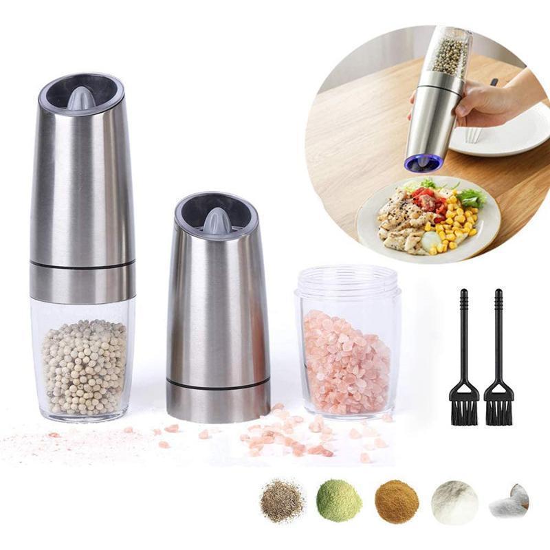 電動ペッパーミル 電動ミル 光るペッパーミル ソルト＆ペッパー ＆スパイス ＆岩塩 傾けるだけで挽ける 粗さ調節可能 2本セット