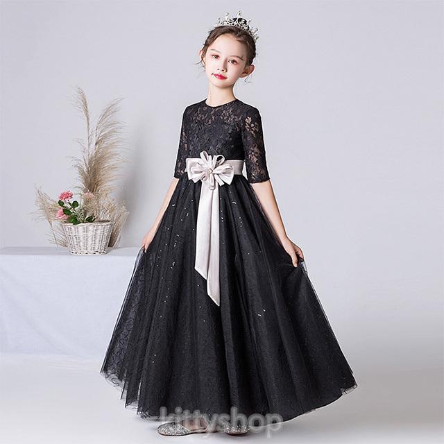 子供ドレス ロング 発表会ドレス 黒 ブラック 女児ドレス レース スパンコール キ...