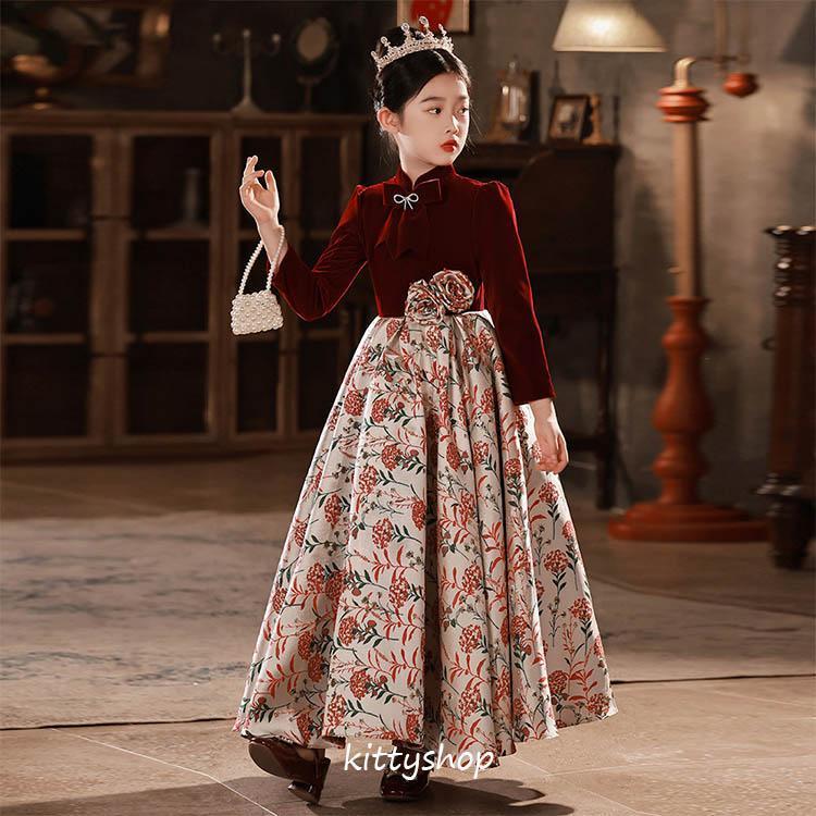 Rakuten - ピアノ発表会ドレス 子供ドレス 女児ドレス ワイン赤 演奏会ドレス 花柄 キッズドレス 立ち襟 ロングドレス フォーマル 女の子 子どもドレス