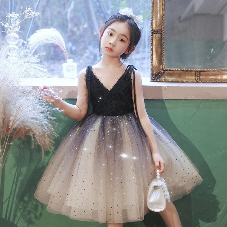 子供ドレス 黒 ブルー ショート丈 女児ドレス 星柄 可愛い キャミドレス Vネック キッズ 女の子ドレス 誕生日 ギフト プレゼント 子どもドレス