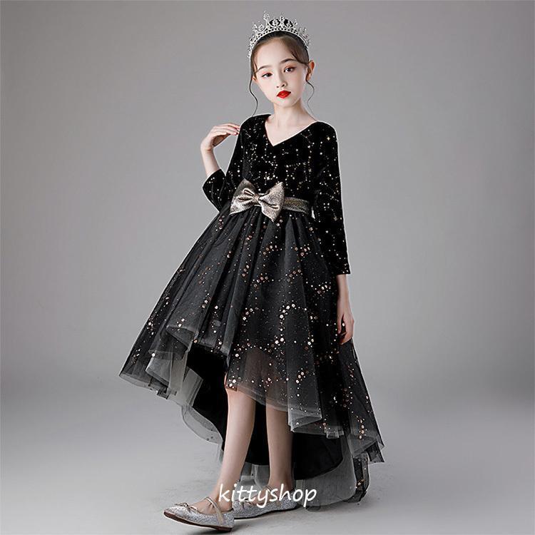 乐天商城 - 子供ドレス 黒 ベロア ベルベット ピアノ発表会 演奏会 Vネック 7分袖 女児ドレス ショート丈 ロング丈 フォーマル 入学式 卒業式 演出服