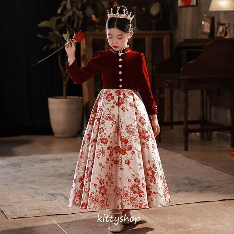 乐天商城 - 子供ドレス 女児ドレス ワイン赤 演奏会ドレス キッズドレス ピアノ発表会ドレス 長袖 ドレス ロングドレス 花柄 フォーマル 女の子 発表会ドレス