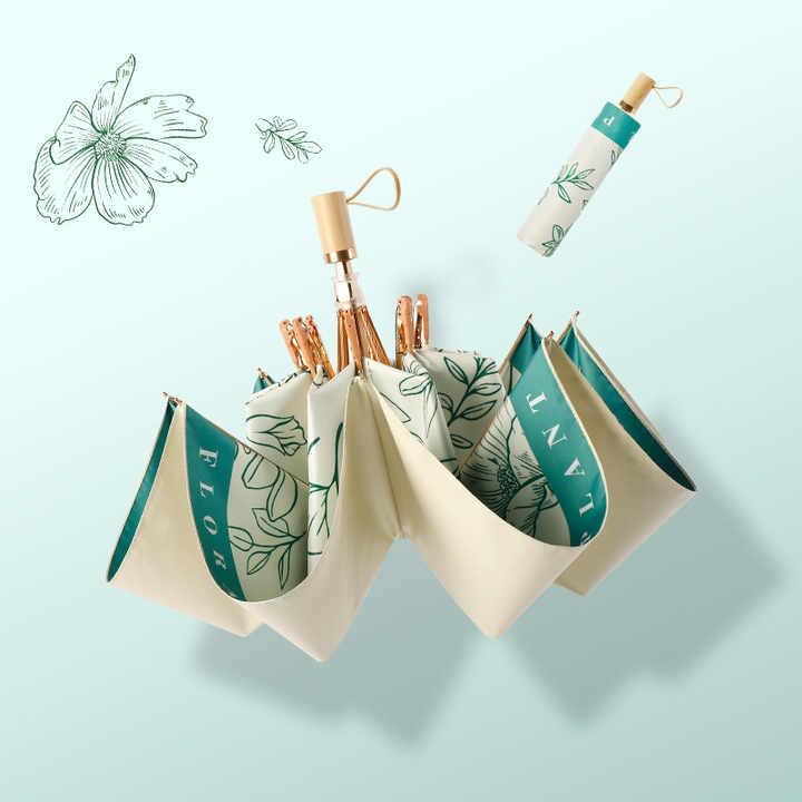 サンシェード傘 アルミ合金 3つ折り 木製ハンドル ゴールド 8K UVカット モダン 軽量 折りたたみ おしゃれ 人気 プレゼント 通勤 アウトドア