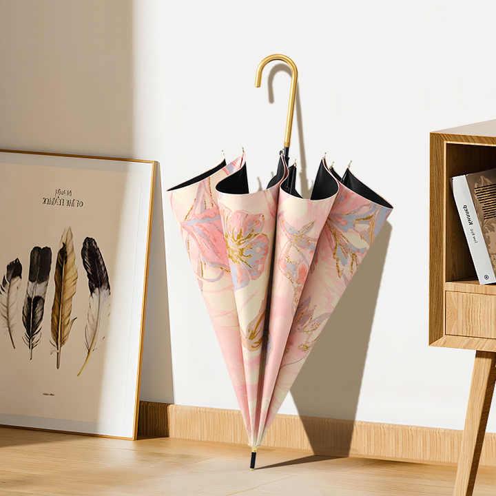 傘 ブラック 小型 モダン ビジネス レザー おしゃれ 軽量 ハンドル UVカット プレゼント 男女兼用 ストレート カーブ ロング 折りたたみ