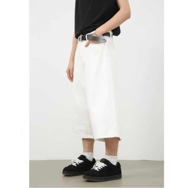 乐天商城 - カーゴパンツ メンズ サマー カジュアル ルーズフィット クロップド ストレート トレンディ ボタン装飾 アメリカンスタイル デニム 便利 おしゃれ 人気 コーディネート
