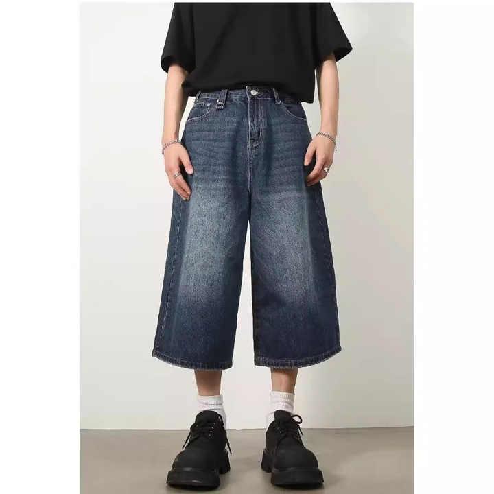 メンズ デニムショーツ ワイドレッグ サマー ルーズシルエット ビンテージ ウォッシュ ストレート 乱れ 人気 おしゃれ トレンド カジュアル 外国貿易