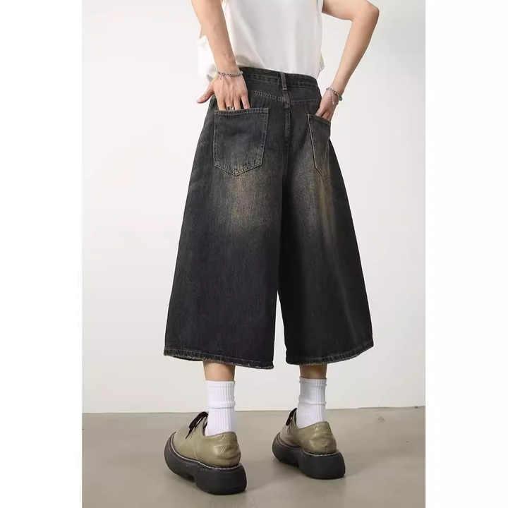 メンズ デニムショーツ ワイドレッグ サマー ルーズシルエット ビンテージ ウォッシュ ストレート 乱れ 人気 おしゃれ トレンド カジュアル 外国貿易