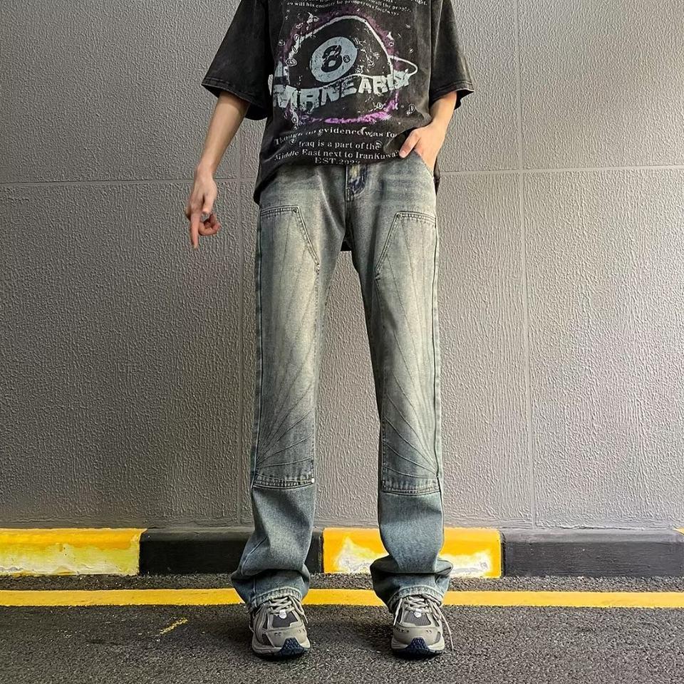 ジーンズ メンズ 秋 おしゃれ ニッチデザイン ハイストリート スリット ルースストレート デニムパンツ 洗浄技術 アメリカンスタイル 人気 軽量 かっこいい ファッション