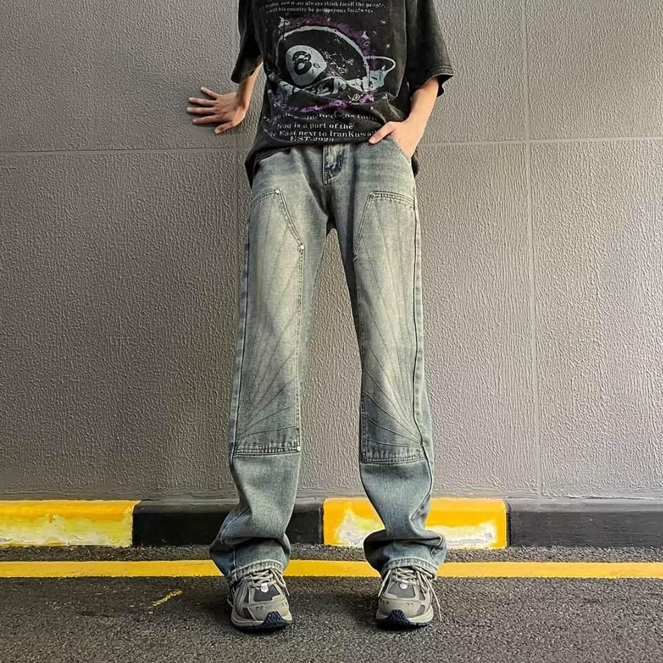 ジーンズ メンズ 秋 おしゃれ ニッチデザイン ハイストリート スリット ルースストレート デニムパンツ 洗浄技術 アメリカンスタイル 人気 軽量 かっこいい ファッション