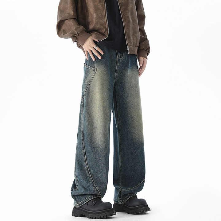 メンズ ジーンズ ストレート ルーズ ワイドレッグ アメリカン レトロ ロングパンツ カジュアル 秋冬 デニム 中古 歯磨き 可愛い おしゃれ 人気