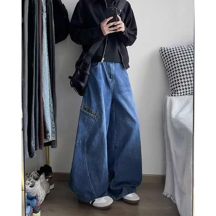 ジーンズ メンズ 秋服 ブランド ワイド脚 ルーズフィット サイドポケット デニム ミッドウエスト おし..