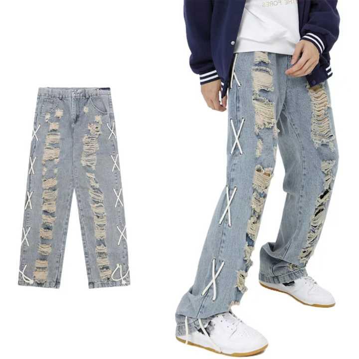 デニム バギージーンズ メンズ ヒップホップ ストリートウェア おしゃれ ルースフィット ストレート カ..