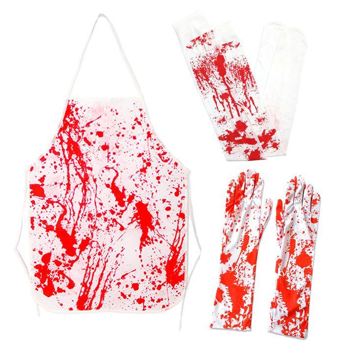 【限定販売！1着半額!まとめ買い2枚購入割引クーポン利用で！ 】エプロン ハロウィン 衣装 3点セット ゾンビ シェフ 恐怖 血まみれのエプロン 手袋 ソックス 装飾 血まみれ 膝上 コスプレ