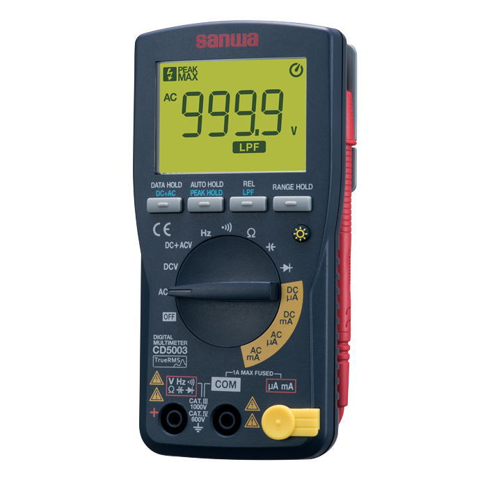 IEC61010-1 に準拠した安全設計 フル4桁 9999カウント 真の実効値（True RMS）測定に対応 直流＋交流の合成電圧（DC+AC）測定とDC/ACの各成分表示が可能 ローパスフィルタ（LPF）機能 ピークホールド機能 測定値が安定したら自動でホールドするオートホールド機能(電圧のみ) 大きくて見やすい表示器 軽量コンパクトで持ちやすいデザイン 明るいバックライト オートパワーセーブ（約30分）解除可 メーカー：三和電気計器株式会社(SANWA)