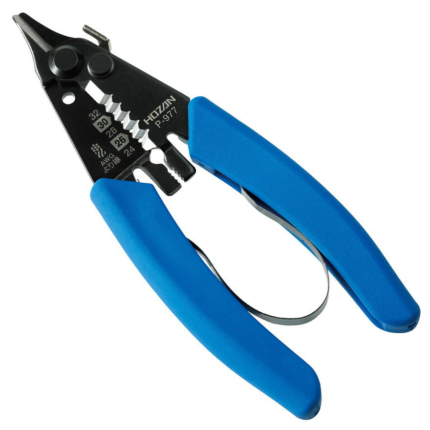 電線のカット部が先端に来ることにより、電線をより分けてのカットも確実にできます。 また、切れ味はニッパーよりも軽く、切断面もきれいにカットすることができます。 手元近くでストリップを行うことで、作業性がよく、芯線を傷つけることなく作業できます。 適応電線：AWG単線(30/28/26/24/22)、AWGより線(32/30/28/26/24)、単線(0.25/0.32/0.4/0.51/0.64mmΦ)、より線(0.035/0.055/0.089/0.14/0.22mm2) 全長：130mm ESD管理値：Rg〈1×1012Ω 重量：58g 交換部品(別売) P-970-3(板バネ・グリップセット) メーカー：ホーザン株式会社（HOZAN）