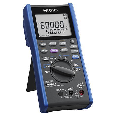 商品特徴 ●60000カウントの5桁表示、高分解能測定 ●DC V基本確度±0.025%、AC V20Hz〜100kHzの広帯域 ●ローパスフィルタで高調波カット(インバータの基本波成分測定) ●DC+ACV測定、温度測定、C測定、周波数測定など多機能を搭載 ●端子シャッター機構(テストリードの誤挿入防止) ●クランプで大電流測定(DT4281のみ、事故防止に10A端子なし) ●電圧と周波数が同時に見れるデュアルディスプレイ ●マグネットストラップ(オプション) ●背面スタンド ●背面にテストリード収納 ●表示バックライト、赤色バックライトによる過入力警告 ●1mの落下に耐える堅牢設計 ●PC計測に対応するUSB通信機能(オプション使用) ●-15℃〜55℃の広い使用温度範囲 電工現場に最適な安全設計、デジタルマルチメーターの決定版< ●HIOKIのデジタルマルチメータシリーズにおける最上位クラス ●電工現場での使用を考え安全性を追求 ●電流測定はACクランプの接続ができ、安全に測定を行う事ができる ・直流電流測定600.00μA/6000.0μA/60.000mA/600.00mA ・交流電流測定600.00μA/6000.0μA/60.000mA/600.00mA ・ACクランプセンサの接続が可能 高調波成分をカットし、インバータ2次側の出力電圧を正確に測定 ●ローパスフィルタ機能を使用すれば、高調波成分をカットし、基本波だけを正確に測定する事ができる 直流給電システムのリップル電圧を測定 ●PEAK値測定と直流+交流電圧測定を使用すれば、直流信号に重畳したリップル電圧を測定する事ができる 計装信号4-20mAを%に換算して表示 ●トランスデューサーなどによって変換した温度、圧力、流量などの計装信号4-20mA/0-20mAを%に換算して表示できる DC600.00μAレンジでガス燃焼装置の微小電流を測定 ●バーナーのフレーム電流のような微小電流を正確に測定できる クランプセンサによる電流測定で危険の原因をなくす ●電流レンジで電圧を測定した場合、短絡事故が発生する ●電流測定をクランプセンサで行う事で短絡の原因を根本からなくす 歪んだ波形も正確に測定出来る、真の実効値測定 ●デジタルマルチメータの測定方式には、平均値方式と真の実効値方式の2つがある ●歪んでいる事が多い電流波形では測定方式によって測定結果が大きく異なる ●正確な測定には真の実効値方式の測定器を使用する必要がある 測定データをパソコンに移行、確認・保存が可能 ●オプションの通信パッケージDT4900-01を使用しPCと接続すれば、測定器に内部保存したデータのグラフ表示や測定中にリアルタイムで結果をPCに表示できる ●表示した測定値をそのまま保存(テキスト形式)する事もできる ※PCと測定器本体は光通信により電気的に絶縁されているため、安全に測定できる 国内設計・製造、安心の3年保証 ●開発・設計・製造、全ての工程を長野県にある国内本社で行っている ●業界トップレベルの技術力で高品質の製品をお届けしている 安全な測定には測定場所に合った測定器が必要 ●測定器を安全に使用するために、IEC61010では測定カテゴリとして、 使用する場所により安全レベルの基準をCATII〜CATIVで分類 ●掲載情報の詳細については製品画像下部の「詳細はこちら」よりメーカーサイトをご確認ください 別売オプション：直流高電圧プローブ(P2010)、直流高電圧プローブ(P2000)、テストリード(L9300)、テストリード(L9207-10) メーカー：HIOKI(日置電機株式会社)
