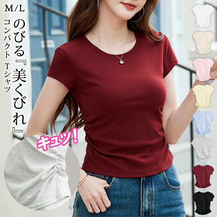 Rakuten - 【1,584円！よりどり2点クーポンで】 Tシャツ レディース 半袖 春 夏 春夏 黒 白 無地 コンパクト 美くびれ サイドギャザー ストレッチ きれいめ カジュアル インナー トップス シンプル ホワイト ブラック グレー 20代 30代 40代 大人 OL ママ 母